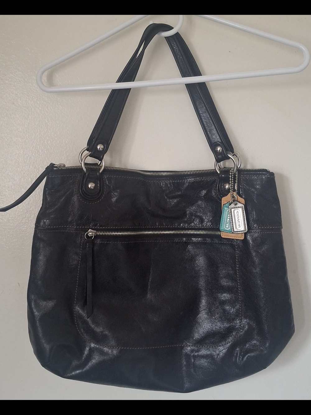 COACH LG POPPY 19002 Black Distressed LEATHER Tote Shoulder Handbag